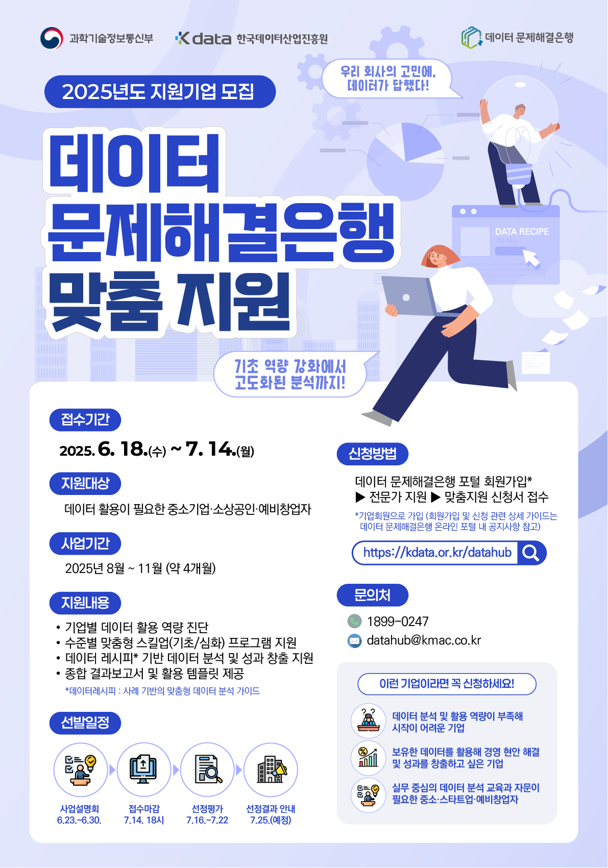 과학기술정보통신부<br />
Kdata<br />
한국데이터산업진흥원<br />
데이터 문제해결은행<br />
우리 회사의 고민에, 데이터가 답했다!<br />
2025년도 지원기업 모집<br />
데이터<br />
문제해결은행 맞춤 지원<br />
기초 역량 강화에서 고도화된 분석까지!<br />
DATA RECIPE<br />
접수기간<br />
2025.6.18.(수) ~ 7.14.(월)<br />
지원대상<br />
데이터 활용이 필요한 중소기업·소상공인·예비창업자<br />
사업기간<br />
2025년 8월~11월 (약 4개월)<br />
지원내용<br />
기업별 데이터 활용 역량 진단<br />
수준별 맞춤형 스킬업(기초/심화) 프로그램 지원<br />
데이터 레시피* 기반 데이터 분석 및 성과 창출 지원<br />
종합 결과보고서 및 활용 템플릿 제공<br />
*데이터레시피 : 사례 기반의 맞춤형 데이터 분석 가이드<br />
신청방법<br />
데이터 문제해결은행 포털 회원가입* 전문가 지원 맞춤지원 신청서 접수<br />
*기업회원으로 가입 (회원가입 및 신청 관련 상세 가이드는 데이터 문제해결은행 온라인 포털 내 공지사항 참고)<br />
https://kdata.or.kr/datahub Q<br />
문의처<br />
1899-0247<br />
datahub@kmac.co.kr<br />
이런 기업이라면 꼭 신청하세요!<br />
선발일정<br />
사업설명회 6.23.~6.30.<br />
접수마감 7.14. 18시<br />
선정평가 7.16.~7.22<br />
선정결과 안내 7.25.(예정)<br />
%<br />
데이터 분석 및 활용 역량이 부족해 시작이 어려운 기업<br />
보유한 데이터를 활용해 경영 현안 해결 및 성과를 창출하고 싶은 기업<br />
실무 중심의 데이터 분석 교육과 자문이 필요한 중소·스타트업·예비창업자