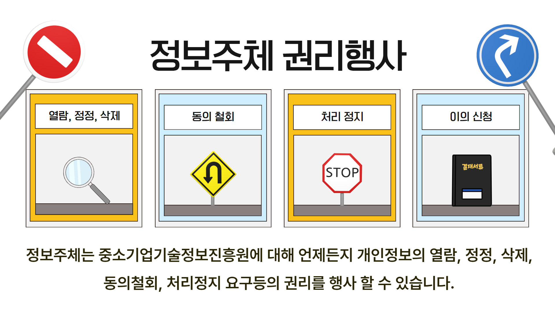 정보주체 권리행사(열람, 정정, 삭제/동의 철회/처리 정지/이의 신청) - 정보주체는 중소기업기술정보진흥원에 대해 언제든지 개인정보의 열람, 정정, 삭제, 동의철회, 처리정지 요구 등의 권리를 행사할 수 있습니다.
