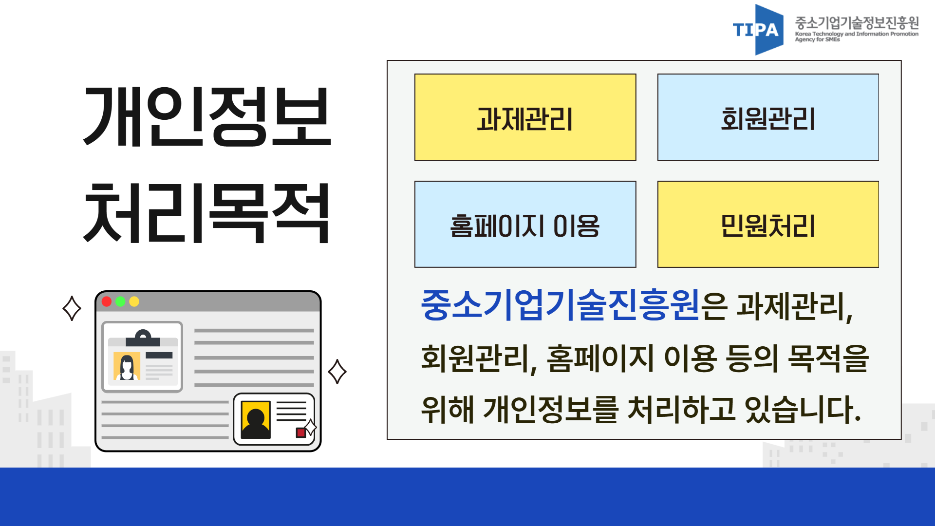 개인정보 처리목적(과제관리/회원관리/홈페이지 이용/민원처리) - 중소기업기술진흥원은 과제관리, 회원관리, 홈페이지 이용 등의 목적을 위해 개인정보를 처리하고 있습니다.
